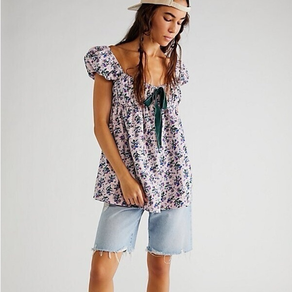 Free People Gaia Printed babydoll corduroy floral bow Tunic Size Extra Small